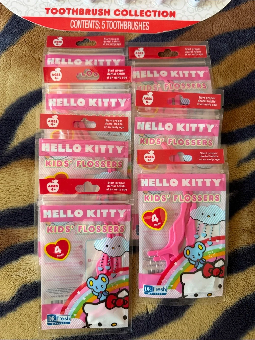 Hello Kitty Kids Toothbrush & Flossers Set - Pink, Blue, Green, Yellow, Red
